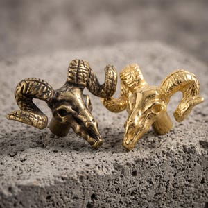 Könnte beinhalten: Zwei Schubladenknöpfe in Form von Widderschädeln, einer mit antikem Bronze-Finish und einer mit poliertem Gold-Finish. Jeder Knopf weist detaillierte geschwungene Hörner und eine strukturierte Oberfläche auf, konzipiert als Möbelbeschlag.
