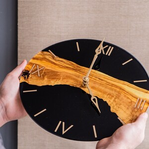 Black and gold wall clock, Epoxy resin clock, Resin wood clock, Roman numeral wall clock, Stylish wall clock, Epoxy wood clock, Luxury clock image 10