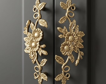 Floral Cabinet Handle, Gold Floral Cabinet Pull, Gold Brass Drawer Pull, Flower Furniture Handle, Decorative Cabinet Hardware