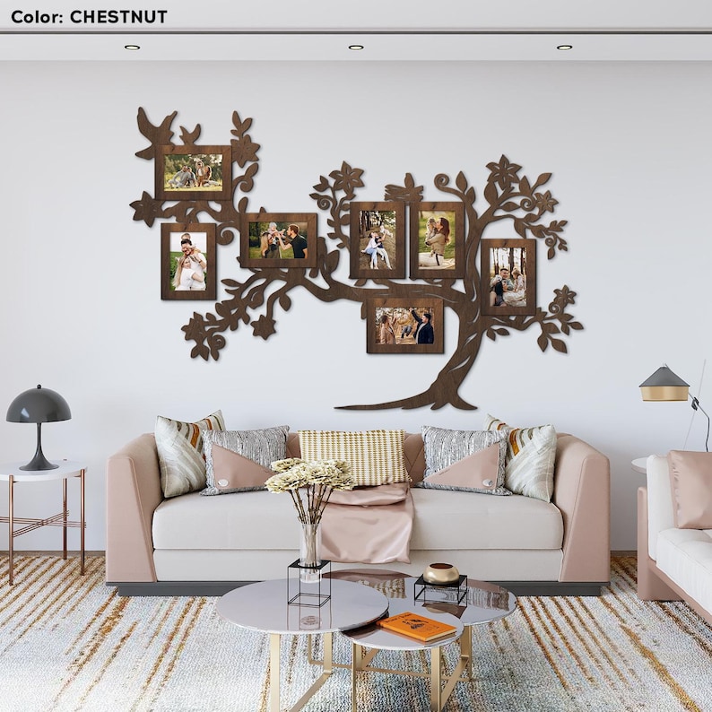 May include: A wooden wall decor in the shape of a tree with eight photo frames. The frames are arranged in a branch-like pattern. The tree is painted in a chestnut brown color.