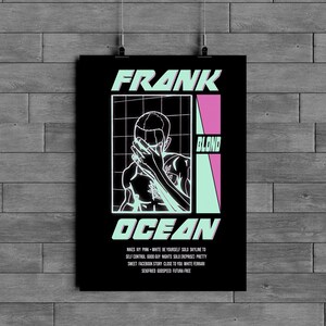 May include: A black and white poster with the text "FRANK OCEAN BLOND" in a light blue and pink font. The poster features a black and white illustration of a person with their hands covering their face.