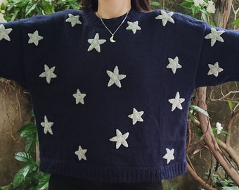 Hand knitted Coraline inspired wide oversize blue stars sweater