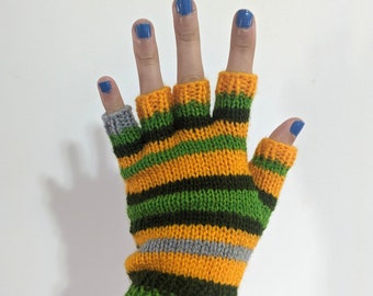 Hand-knitted Coraline inspired fingerless gloves