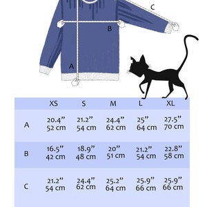 May include: Size chart for a blue sweater with measurements in inches and centimeters for sizes XS, S, M, L, and XL. The measurements are for the length (A), bust (B), and sleeve length (C).
