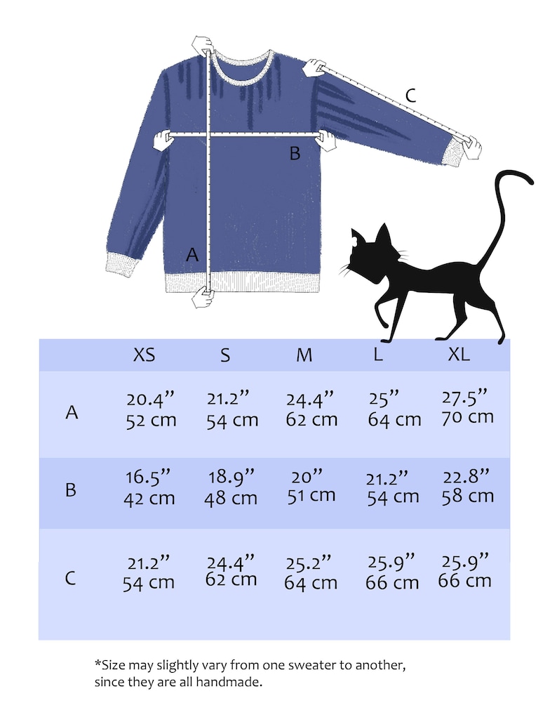May include: Size chart for a blue sweater with measurements in inches and centimeters for sizes XS, S, M, L, and XL. The measurements are for the length (A), bust (B), and sleeve length (C).