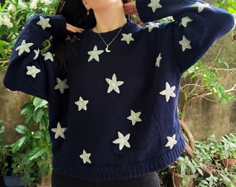 Hand Knitted Coraline Inspired Wide Oversize Blue Stars Sweater