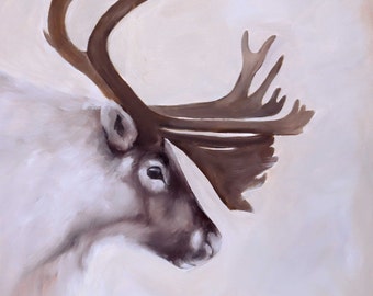 Pintura original de ciervo sobre lienzo, arte de pared, arte de reno, decoración de pared, arte de sala de estar, pintura al óleo original