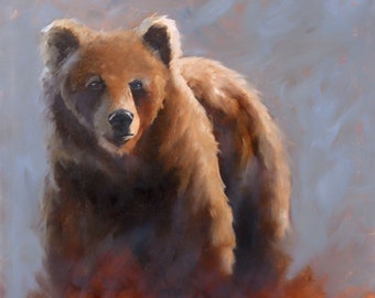 クマのオリジナル絵画、クマの家族、野生の自然アート、ギフトの