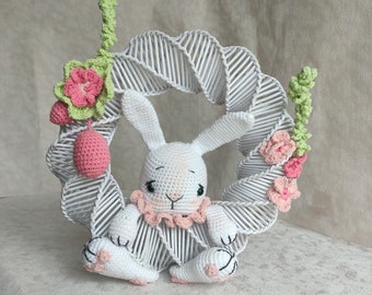 Easter door wreath with bunny and flowers, Easter decor.