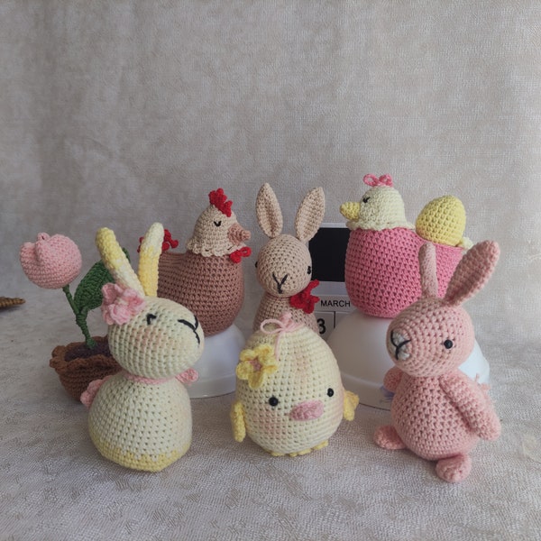 Easter gift.Home decor Easter .  Set crochet set rooster, hen with egg, chick, rabbit, hare with red flower, yellow bunny