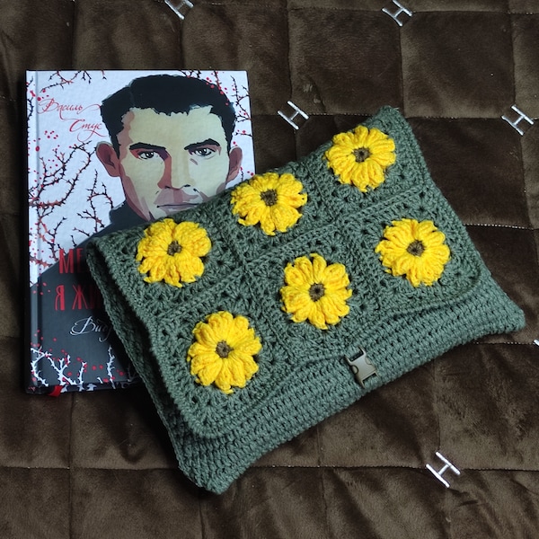 Crochet book cover.  Book cover with sunflower,multi colored handmade clutch