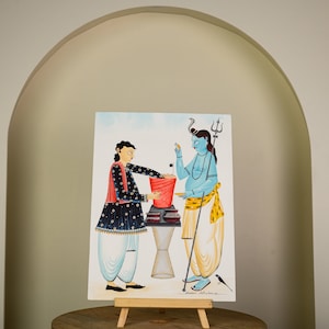 Oryginalne malarstwo akwarelowe, sztuka bengalska, sztuka indyjska, Bhaskar Chitrakar, malarstwo Kalighat, malarstwo Shiva, malarstwo żywności, sztuka wózków z jedzeniem