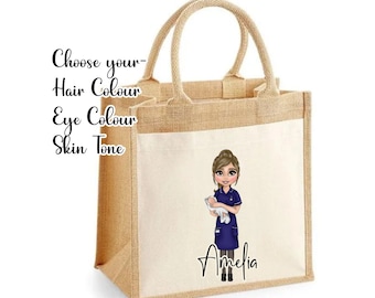 Midwife jute bag, personalised midwife gift, midwife lunch bag, student midwife gift