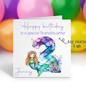 Personalised kids birthday card, girls birthday card, card for daughter, granddaughter card, mermaid birthday card, any age card