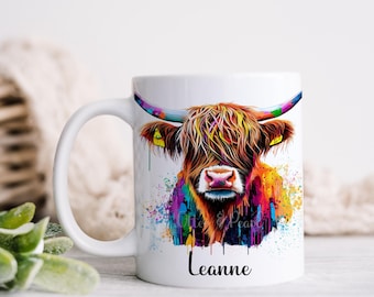 Personalised Highland Cow Mug, Colorful Highland Cow Gift