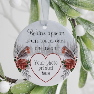 Robin Christmas tree decoration, personalised photo memorial bauble, robins appear when loved ones are near ornament, in memory of keepsake