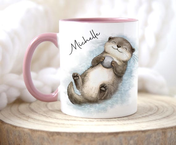Personalised Otter Mug, Cute Otter Gift with Any Name, 11oz Ceramic Mug and Coaster Set, Choice of Nine Handle Colours