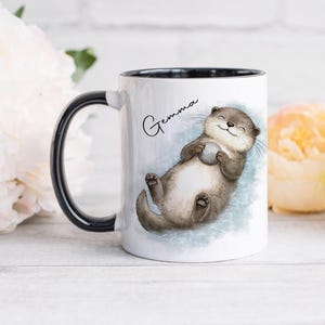 Personalised Otter Mug, Cute Otter Gift with Any Name, 11oz Ceramic Mug and Coaster Set, Choice of Nine Handle Colours Black