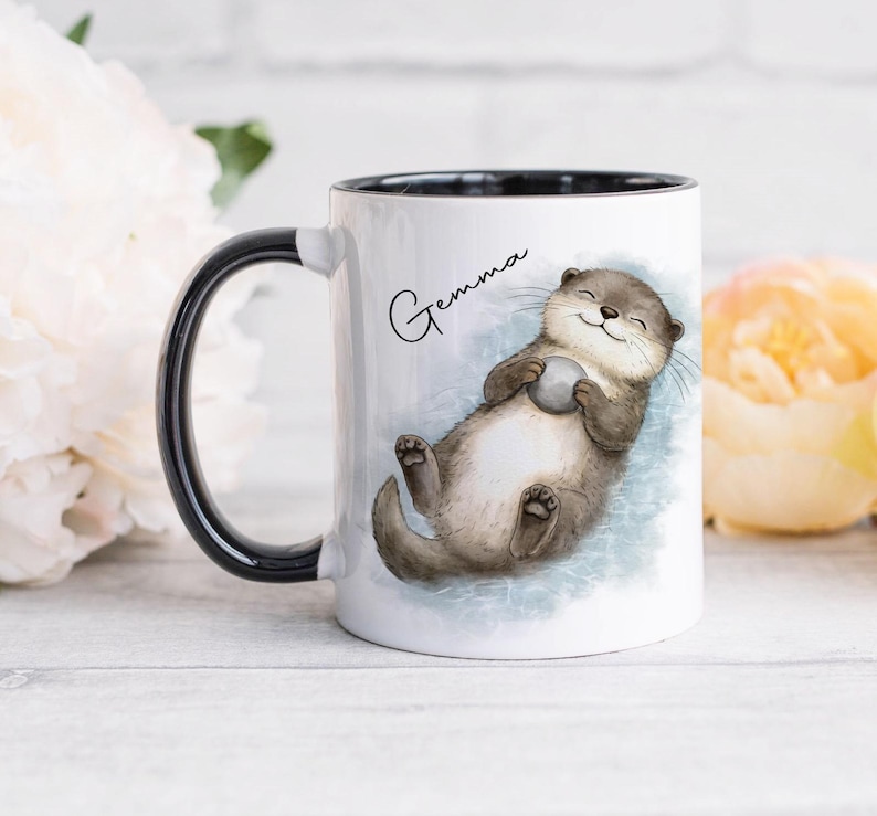 Personalised Otter Mug, Cute Otter Gift with Any Name, 11oz Ceramic Mug and Coaster Set, Choice of Nine Handle Colours Black