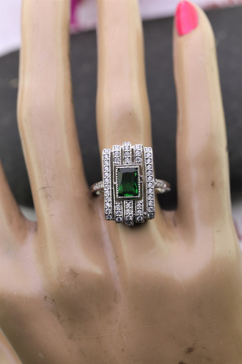 Emerald Green Ring Vintage Art Deco Ring Sterling Silver Etsy