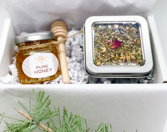 Organic Tea Honey Christmas Gift Idea | Gift Under 20 | Organic Tin Tea | Herbal Tea Honey Gift For Her | Him | Pure Honey Organic Tea Gift