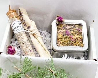 Organic Relaxing Spa Kit | Organic Relaxing Herbal Tea | Organic Christmas Gift Box | Unwind | Calming Tea Blend | Relaxing Bath Salt