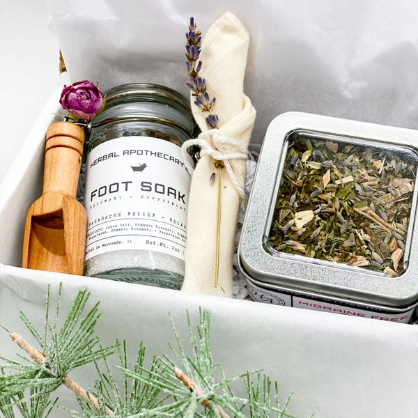 Migraine/Headache Pain Relief Gift Box | Christmas Gift | Organic Headache Treatment | Tin Tea Gift Box | Migraine Relief Foot Soak