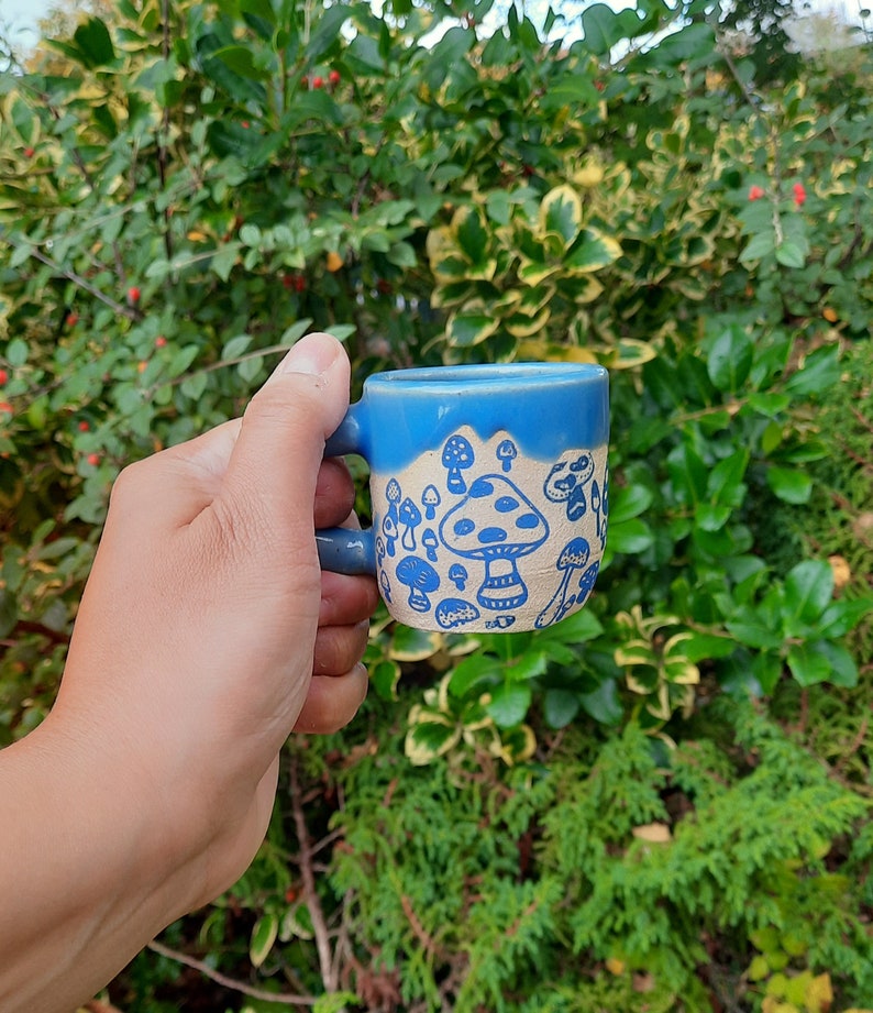 Blue Mushroom Espresso Cup, Stoneware Handmade Espresso Cup, Mushrooms Espresso Cup, Gift for him, Gift for her. image 5