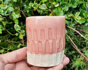 Handmade Ceramic Tumbler, Mushrooms Design, Pink Glaze. Stoneware Clay.