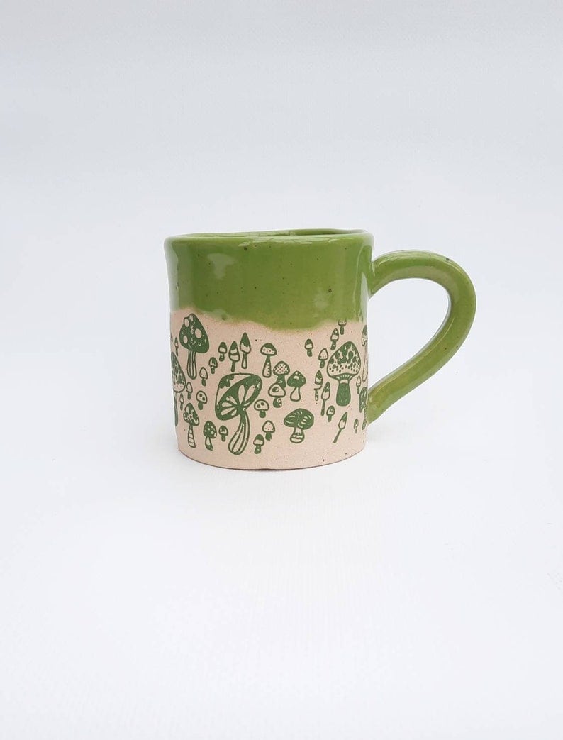 Handmade Wasabi Green Mushrooms Mug, Ceramic Mug, Stoneware Mug, Handmade Mug, Gift for him, Gift for her. image 1