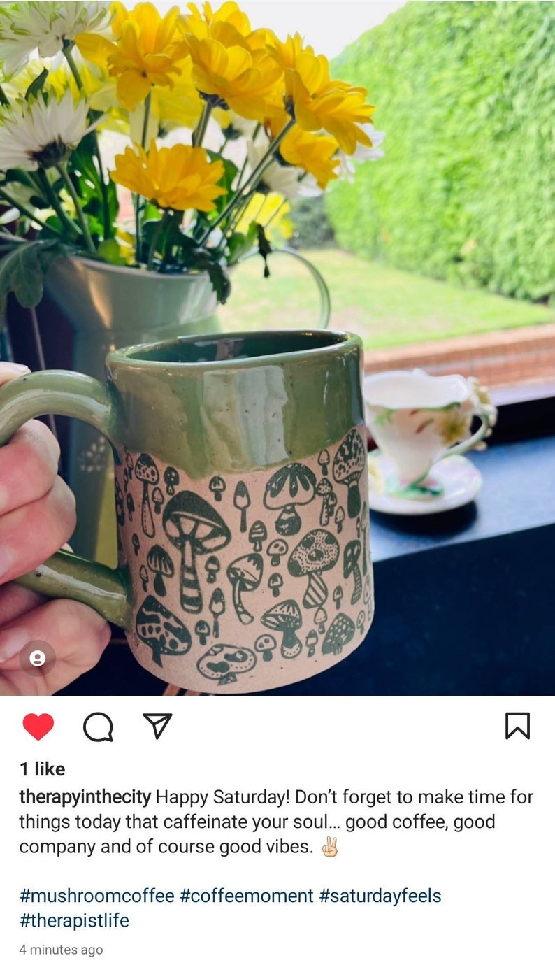 Handmade Wasabi Green Mushrooms Mug, Ceramic Mug, Stoneware Mug, Handmade Mug, Gift for him, Gift for her. image 7