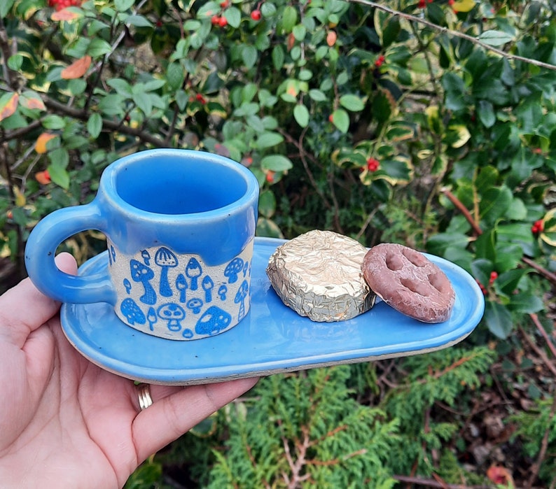 Blue Mushroom Espresso Cup, Stoneware Handmade Espresso Cup, Mushrooms Espresso Cup, Gift for him, Gift for her. image 3