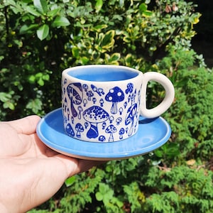Blue Mushrooms Design Cup, Ceramic Cup, Stoneware Cup, Handmade Cup, Gift for him, Gift for her, Tea cup, Tea Lovers.