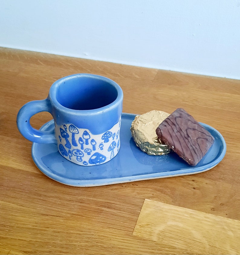 Blue Mushroom Espresso Cup, Stoneware Handmade Espresso Cup, Mushrooms Espresso Cup, Gift for him, Gift for her. image 2