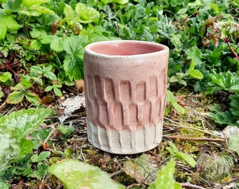 Handmade Ceramic Tumbler, Mushrooms Design, Pink Glaze. Stoneware Clay.