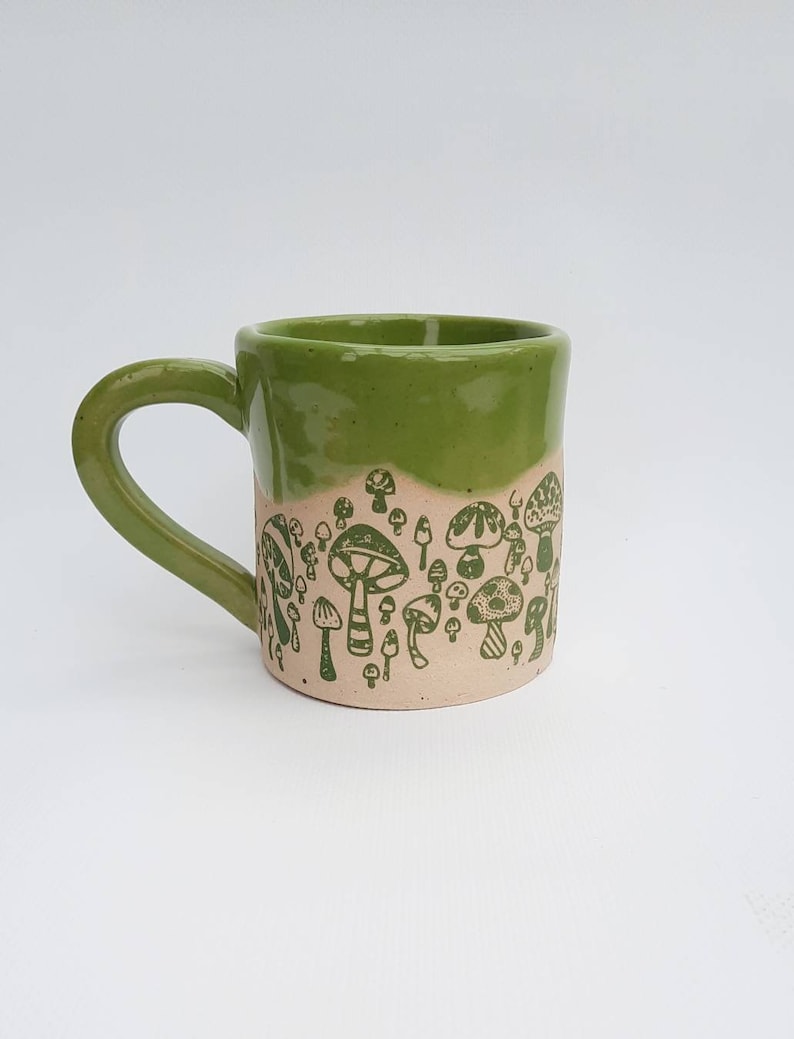 Handmade Wasabi Green Mushrooms Mug, Ceramic Mug, Stoneware Mug, Handmade Mug, Gift for him, Gift for her. image 6