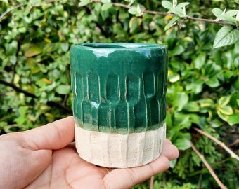 Handmade Ceramic Tumbler, Mushrooms Design, Green Glaze. Stoneware Clay.