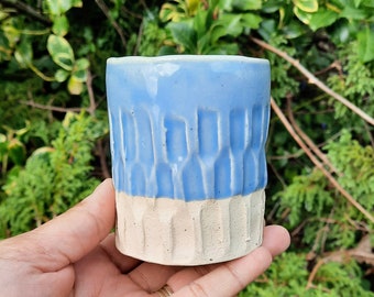 Handmade Ceramic Tumbler, Mushrooms Design, Light Blue Glaze. Stoneware Clay.