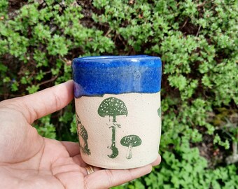 Handmade Ceramic Tumbler, Mushrooms Design, Indigo Float Glaze. Stoneware Clay.