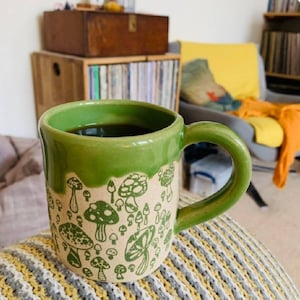 Handmade Wasabi Green Mushrooms Mug, Ceramic Mug, Stoneware Mug, Handmade Mug, Gift for him, Gift for her. image 2