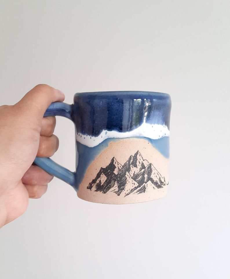 Blue Handmade Mountains Design mug, Handmade mug, Ceramic mug, Stoneware Ceramic Mug, Tea Mug, Coffee Mug, Gift for him, Gift for her, image 2