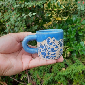 Blue Mushroom Espresso Cup, Stoneware Handmade Espresso Cup, Mushrooms Espresso Cup, Gift for him, Gift for her. image 1