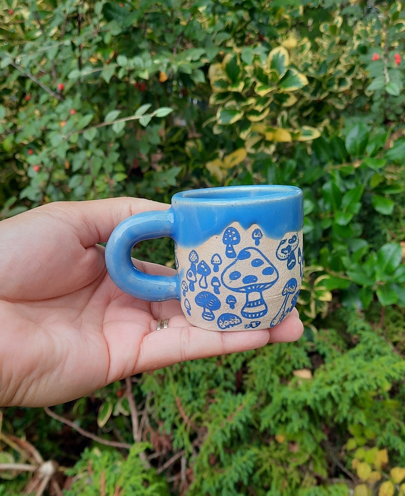 Blue Mushroom Espresso Cup, Stoneware Handmade Espresso Cup, Mushrooms Espresso Cup, Gift for him, Gift for her. image 1