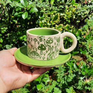 Green Mushrooms Design Cup, Ceramic Cup, Stoneware Cup, Handmade Cup, Gift for him, Gift for her, Tea cup, Tea Lovers.