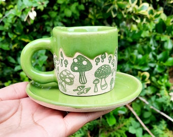 Espressokopje wasabichampignon, handgemaakt aardewerk, groen, cadeau