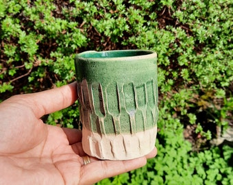 Handmade Ceramic Tumbler, Mushrooms Design, Green Glaze. Stoneware Clay.