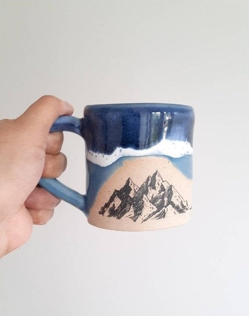 Blue Handmade Mountains Design mug, Handmade mug, Ceramic mug, Stoneware Ceramic Mug, Tea Mug, Coffee Mug, Gift for him, Gift for her, image 1