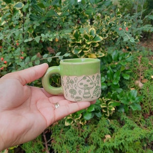 Wasabi Mushroom Espresso Cup, Stoneware Handmade Espresso Cup, Green Mushrooms Espresso Cup, Gift for him, Gift for her.