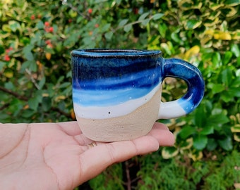 Sapphire Float, White and Sky Blue Espresso Cup, Stoneware Handmade Espresso Cup, Gift for him, Gift for her.