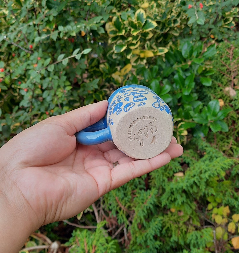 Blue Mushroom Espresso Cup, Stoneware Handmade Espresso Cup, Mushrooms Espresso Cup, Gift for him, Gift for her. image 7